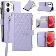 Boyobacase for iPhone 12 Mini Wallet Case,for iPhone 12 Mini Case, PU Leather Wallet Flip Cover Stand Feature[6 Card Slots] [1 Cash Pocket] [1 Zipper Coin Pocket] with Wrist Strap-Purple