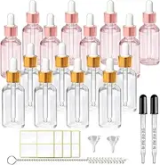 1oz Clear+Rose Gold Glass Bottle with Dropper 16 pcs 30ml Dropper Bottle for Essential Body Oils with 2 Funnels & 2 Extra Glass Measured Pipette 1 Cleaning Brush & 16 Labels for Cosmetic