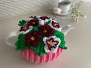 Knitted Crochet Tea Cozy Teapot Cover Warmer Pink, Red, White Flowers HANDMADE