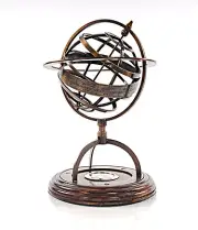 Brass Armillary Sphere 11" w/ Compass & Wood Base Globe Table Top Nautical Decor