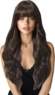 Long Wig with Bangs, 26 Inch Natural Looking Curly Wig with Bangs, Breathable High Temperature Silk Fake Hair for Women Daily Use