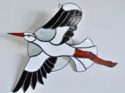 White Stork Stained Glass Panel - Large Flying Bird Suncatcher