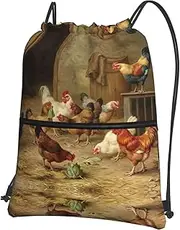 EdWal Roast Chicken Hen Farm Print Drawstring Backpack Gym Bags Sports Bags With Zipper Pocket For Travel Beach, Black, One Size