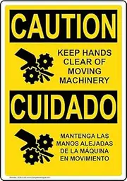 ComplianceSigns.com CAUTION Keep Hands Clear Of Moving Machinery English + Spanish OSHA Safety Label Decal, 5x3.5 in. Vinyl 4-Pack