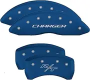 MGP Caliper Covers - Brake Caliper Covers for 2011-2023 Dodge Challenger & 2011-2023 Dodge Charger (Requires Dual Piston Front Caliper) Front and Rear Set - Engraved CHARGER // Logo (Blue)