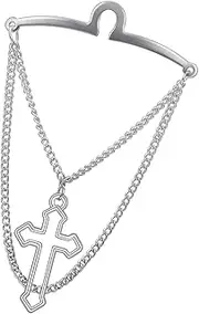 [runootPR] Men's Silver Tie Chain 2.4" Cross Tie Clip with Double Chain Business Jewelry Gift, 2.4", Brass, No Gemstone