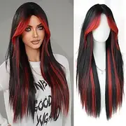 31in Ombre Red Black Long Straight Highlight Wigs with Curtain Bangs Natural Heat Resistant Synthetic Fiber Layered Highlight Midlle Part Women Wigs for Chrism