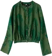 [Yihuaqun] mulberry silk Green woven gold fragrant cloud yarn silk stand-up collar shirt cardigan short small coat women, Green, Large-X-Large