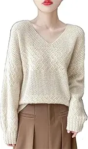 [Generic] Women's Hollow Wool Sweater V-Neck Long Sleeve Pullover Soft Wool Knitwear Jumper Top