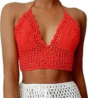 [SYNEELIFE] Crochet Halter Tops for Women Backless Camisole Knit Bra Tops Bralette Summer Beachwear