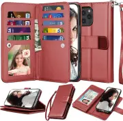 For Apple iPhone 12 Pro Max Wallet Case,Card Slots Full Leather Cover Wine Red