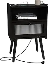 Mid Century Modern Nightstand with Charging Station, Bedside Tables with Glass Decorative Door, End Table Side Table with 2 Tiers Storage Space, for Bedroom, Living Room, Black