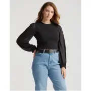 QUINCE Black Chiffon Cropped Smocked Blouse NWT Size Small