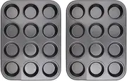 AIMALL 2 PCS Non-Stick Baking Moulds - 12 Round Cup Carbon Steel Cake Tray Set, Easy Release Muffin and Cupcake Pan, 13.8 x 10.47 Inches