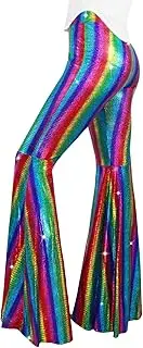 [Nawgut] Womens Sequin Flare Pant Sparkly High Waisted Leg Bell Bottom Glitter Trousers Night Out Clubwear