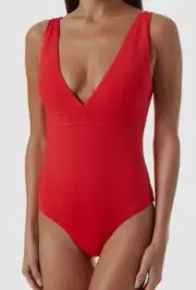 $246 Melissa Odabash Women's Red Pompeii V-Neck One-Piece Swimsuit Size 42 / 6