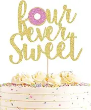 AHAORAY Four Ever Sweet Cake Topper - Gold Glitter Happy 4th Birthday Cake Decorating Supplies, for Boy or Girl Party Photo Booth Props