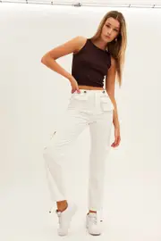 White Wide Leg Denim Cargo Pants - Size 12, Women's Cargo Pant