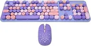 Wireless Keyboard and Mouse Combo, Colorful Retro Typewriter, 2.4GHz Full Size Cute Round Punk Keyboard with 3 DPI Adjustable Mouse for PC, Laptop (Mixed Color Purple)