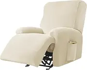 Morbuy Stretch Recliner Cover 4 Pieces, Solid Color Velvet Reclining Sofa Slipcover for 1 Seat, Non Slip Washable Furniture Couch Cover Protector with Elastic Bottom and Pocket (1 seat,Beige)