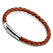 Mens Leather Bracelet With Stainless Steel Trigger Clasp Red Brown Braided