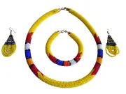 Set of Earrings Bracelet Choker Hand-Crafted Ethnic African Masai Jewelry Yellow