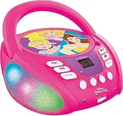 Lexibook RCD109DP Disney Princess-Bluetooth CD Player for Kids – Portable, Multicoloured Light Effects, Microphone, Aux-in Jack, AC or Battery-Operated