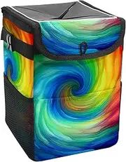 Car Trash Can with Lid and Storage Pockets Leak-Proof Organizer,Waterproof Garbage Can,Abstract Swirl Rainbow