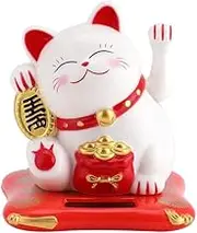 Lucky Cat, Solar Powered Cute Waving Cat, Maneki Neko Waving Arm for Fortune Money and Good Luck, Fengshui Lucky Cat Swinging Arm for Home Display/Car Decor(White)