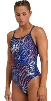Arena Kikko Girls/womens Swimsuit Size 20 Light Drop Back One Piece Blue Red