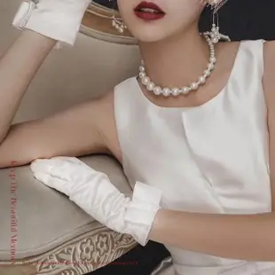 【MWD】緞面珍珠手套 簡約短款手套 WD0194(新娘手套 禮服手套 婚紗手套)