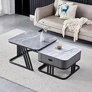 Modern Nesting Coffee Tea Table, Coffee Eating Table with Drawer, Faux Marble Top Square Design Metal Decor Center Couch Table for Living Room Reception Room Office,C