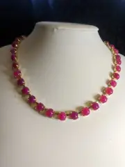 Natural Hot Pink Chalcedony Necklace & Earrings 14 Gold Plated