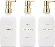 HOMCDALY Shampoo and Conditioner Dispenser, 21oz 3-Pack Refillable Shampoo and Conditioner Bottles, Shampoo Container, Empty Shampoo Pump Bottle, Shampoo Pump Dispenser（21oz-White&Gold）