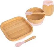 5pc Pastel Pink Bamboo Square Baby Weaning Set - Toddler Kids Food Feeding Dinner Plate Bowl Spoon Cutlery - Silicone Suction Cup - by Tiny Dining
