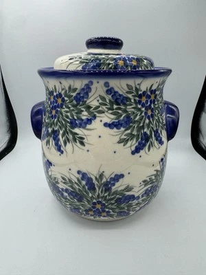 Blue Rose WR Unikat Polish Pottery Cookie Jar - Floral Pattern - Handmade Signed