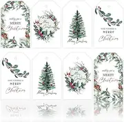 Whaline 100Pcs Christmas Tags with 30m / 98.4ft Hemp Rope Watercolor Plants Seasonal Wishes Labels Holiday Season Gift and Favor Tags for Seasonal Favors Xmas Parties and Celebrations, 4 Styles