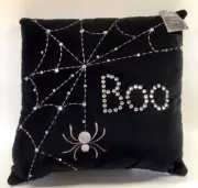 Pier 1 Imports 12" Halloween BOO Rhinestone Spider Web Black Velvet Mini Pillow