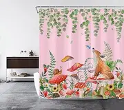 Mushroom Plant Shower Curtain Red Mushroom and Green Leaf on Pink Background Shower Curtain for Bathroom Jungle Nature Leaf Bathroom Shower Curtain with Hooks, 69X70 Inch