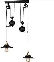 Vintage Industrial Pulley Pendant Light, Adjustable Black Metal Chandelier, Retro Ceiling Light, E27 Hanging Lamp for Living Room, Bedroom, Kitchen, Dining Room, Bar, Restaurant (Black,2HEADS)
