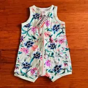 Bonds Light Green Blue Purple Floral Short Zip Romper Wondersuit Size 2 BNWT