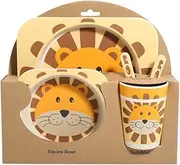 OUYAWEI 5pcs/Set Cartoon Tableware Set Bamboo Fiber Tableware for Baby Kids Supplies(Including Dinner Plate Bowl Cup Spoon Fork) Little Lion