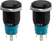 Yakamoz 2Pcs 16mm Latching Push Button Switches, 12V On Off Reset Button with Sockets Blue LED Wiring Harness, Waterproof Marine Push Button for Car (Black Shell)