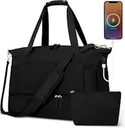 Gym Bag for Women with Shoes Compartment, Sports Travel Duffel Bag with Wet Pocket and USB Charging Port, Weekender Overnight Bag for Travel, Gym, Yoga, School (Black)