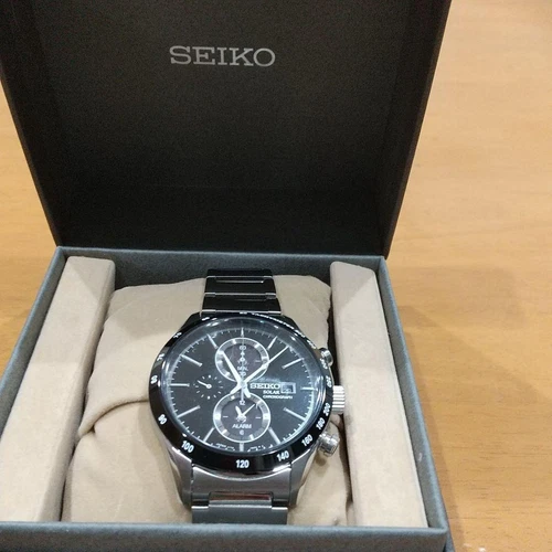 Seiko Chronograph SBPY119 Date Black Silver Round Solar Mens Watch From Japan