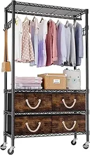 [Maiproo] Clothes Rack with Drawers Rolling Heavy Duty Clothing Racks for Hanging Clothes Garment Rack with 4 Fabric Drawers Adjustable with Double Side Hooks Wardrobe Closet Portable Storage Black