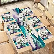 Culudea Marble Colorful Gold Table Runner and Placemats Set of 6, Blue Stone Luxury Abstract Dining Decor for Daily Use(1 Table Runner 72 inches Long and 6 Placemats)