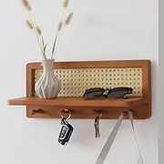 FRIADE PE Rattan Coat Rack Shelf Wall Mounted with 4 Hooks, Decorative Coat Hook Rack with Floating Shelf for Entryway, Nursery, Mudroom, Hallway, Kitchen, Office (Retro Brown)