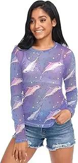 [RPLIFE] Cute Cartoon Dolphins Pastel Blue Purple Mesh Tops, Sheer Sleeve Top S-XXL
