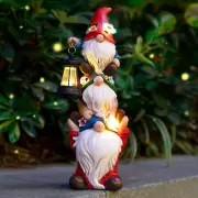Garden Gnome Statue with Solar Lights Garden Sculptures Funny Triple Gnome Outdo
